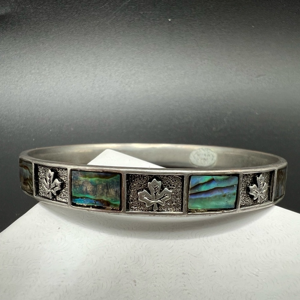 Signed M Bangle Abalone Shell Inlay Silver Tone Maple Canada Leaf